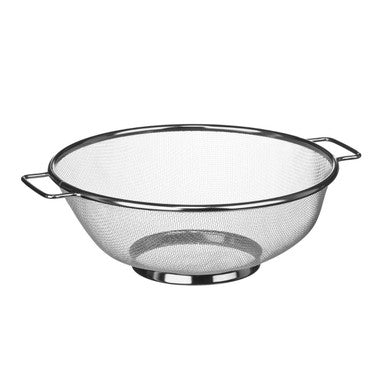 Metal mesh colander on a white background