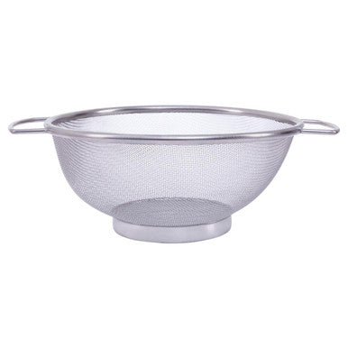 Metal colander on a white background