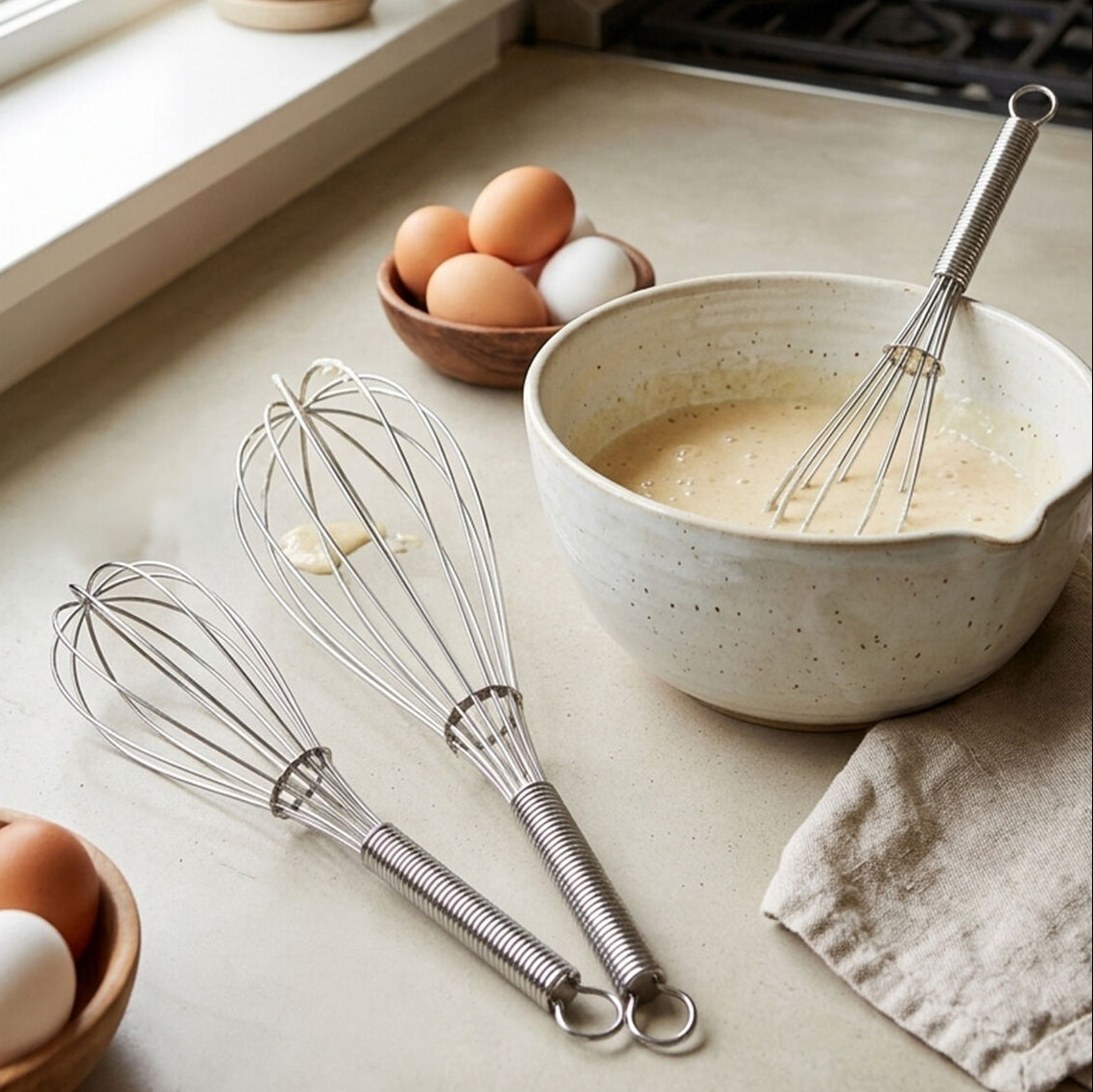 Set of three whisks on a kitchen counter with a bowl of eggs and a whisked mixture.