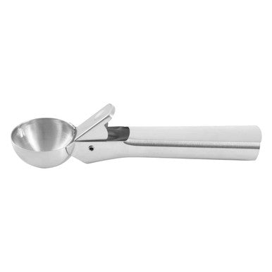 Metallic ice cream scoop on a white background