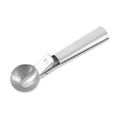 Metallic ice cream scoop on a white background