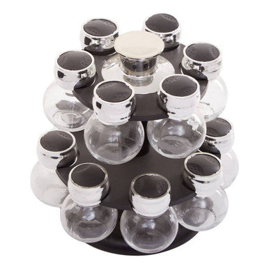 Black circular stand with clear glass holders on a white background