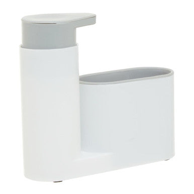 White soap dispenser with gray top on a white background