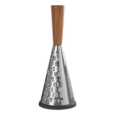 Metal grater with wooden handle on a white background