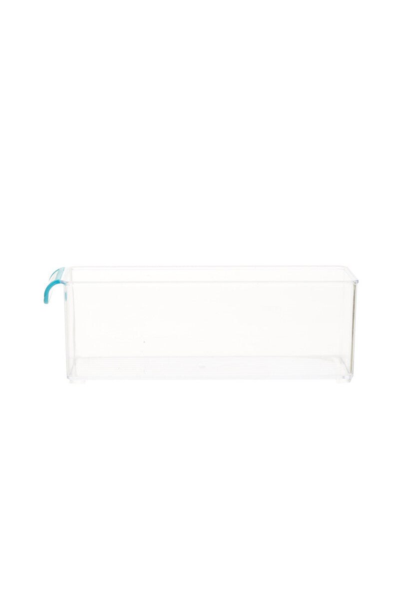 Clear plastic bag with a blue tag on a white background