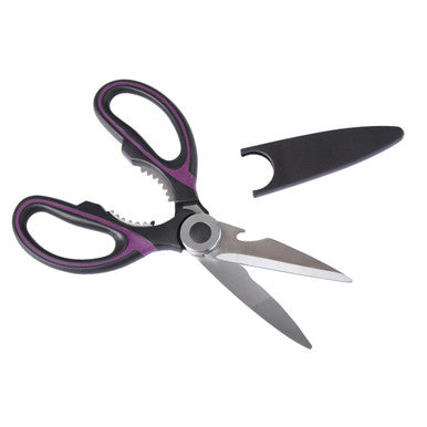 Pair of scissors with purple and black handles on a white background