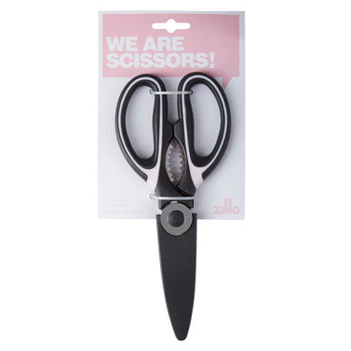 Black scissors with pink packaging and text on a white background