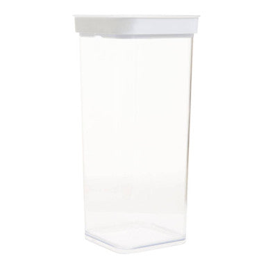 Clear plastic container with a white lid on a white background