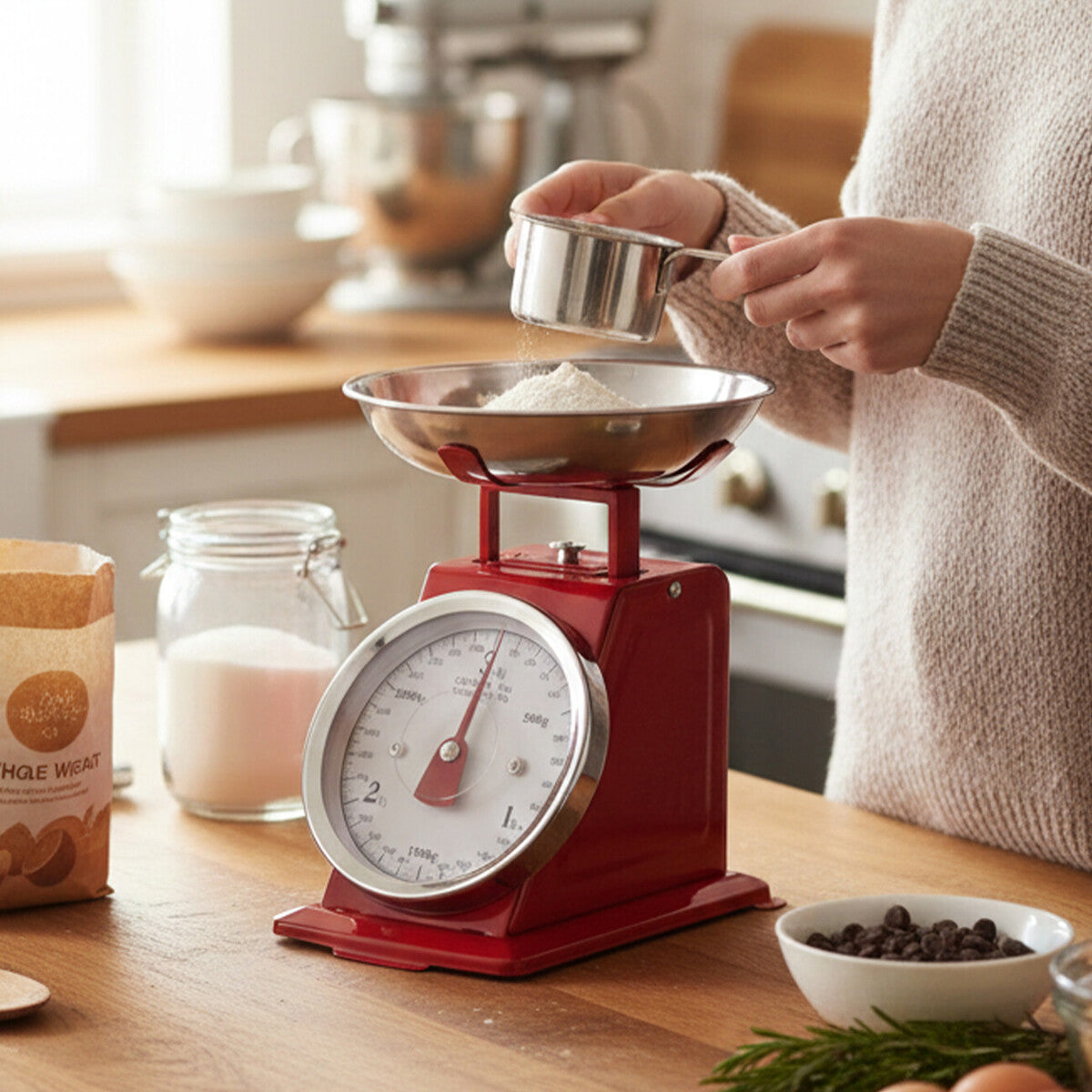 Person using a red kitchen scale to measure flour, with various kitchen items in the background.