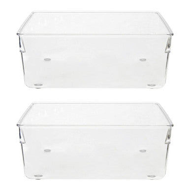 Two clear plastic storage bins with lids on a white background