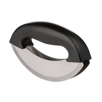 Black-handled metal circular object on a white background