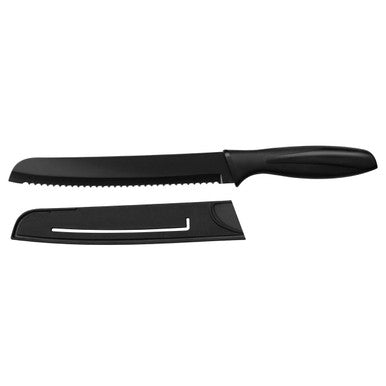 Black serrated knife with a black sheath on a white background