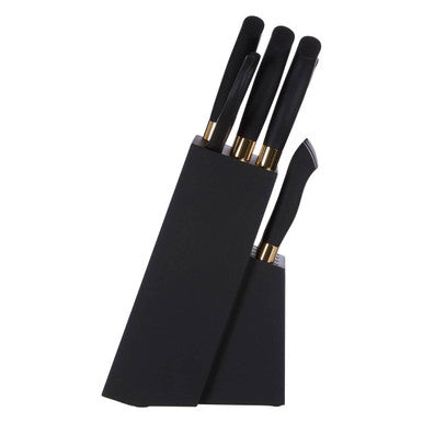 Set of black knives with gold accents in a black sheath on a white background