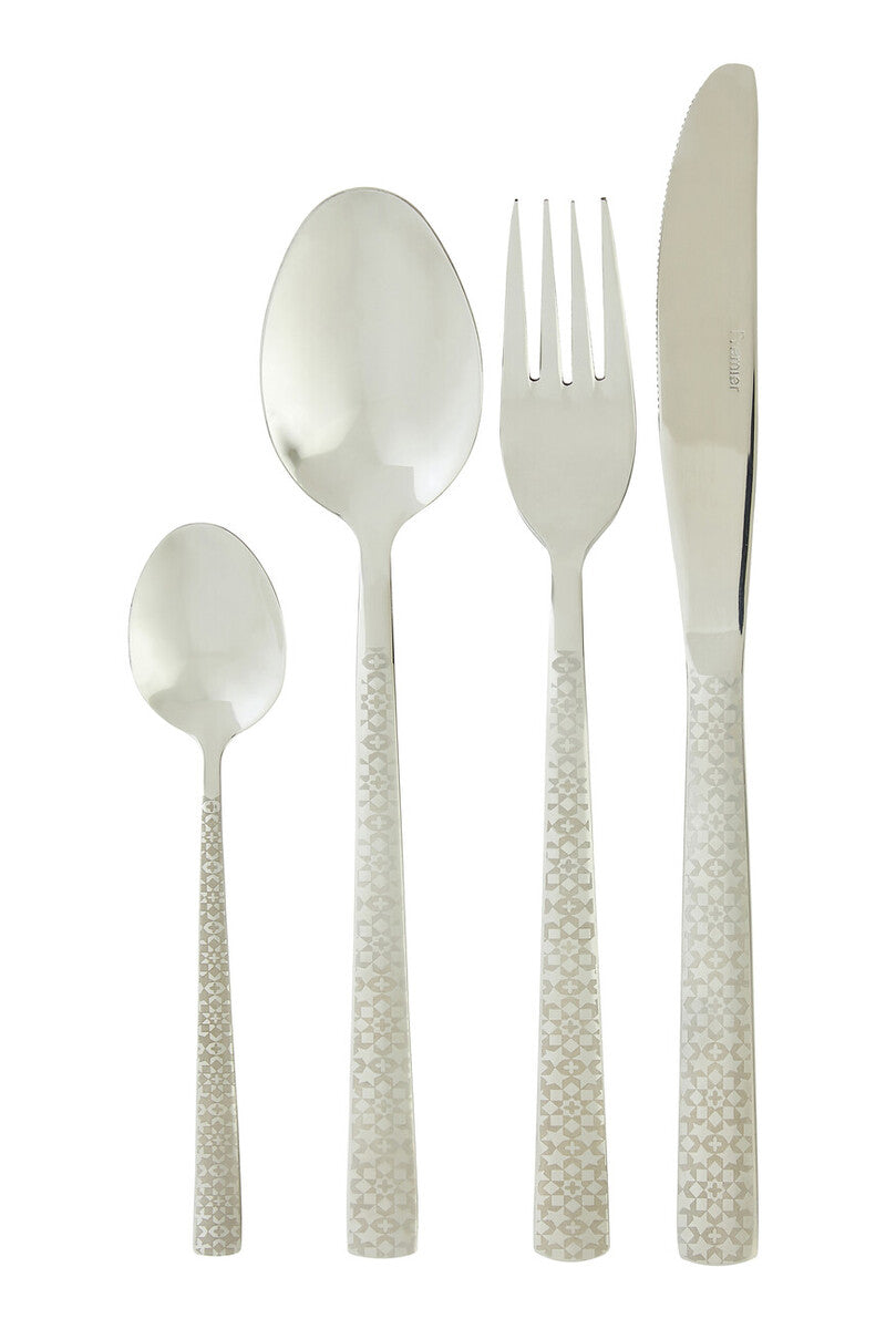 Set of silver cutlery with textured handles on a white background