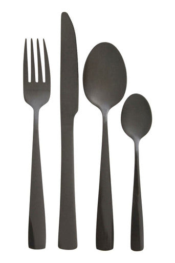 Set of black cutlery including a fork, knife, and two spoons on a white background