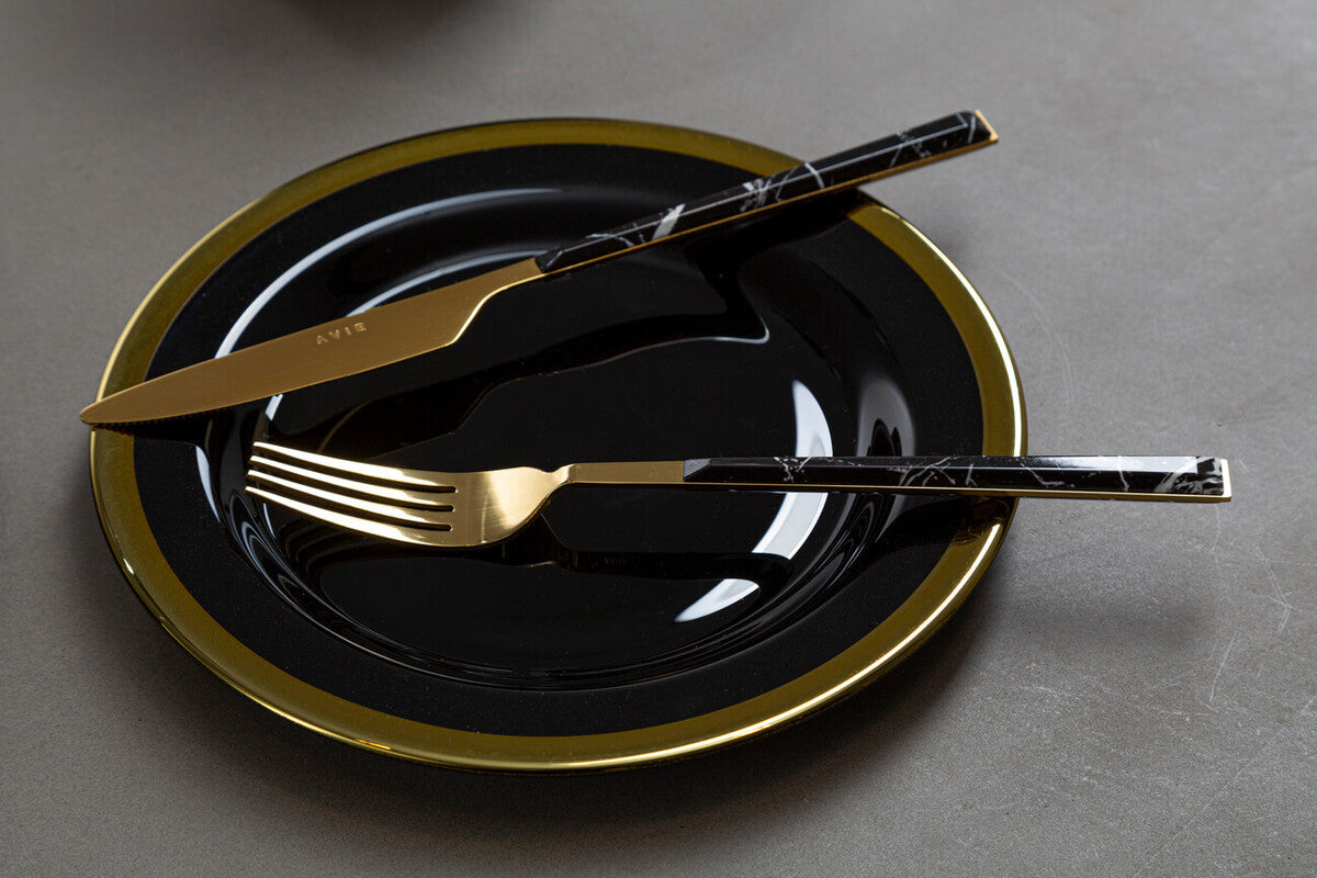 Avie 16 Piece Black Faux Marble Cutlery Set