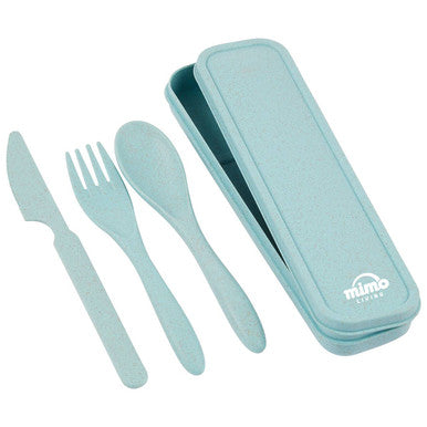 Light blue cutlery set with case on a white background