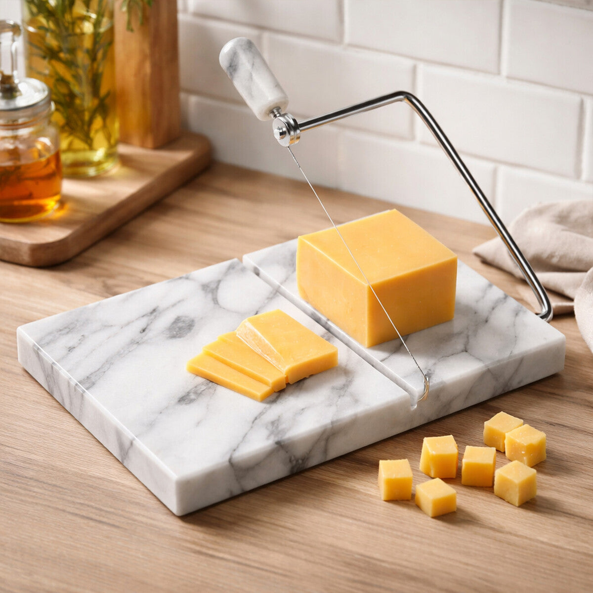 Salerno White Marble Cheese Board with Slicer