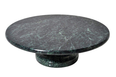 Round marble table with a greenish-brown pattern on a white background