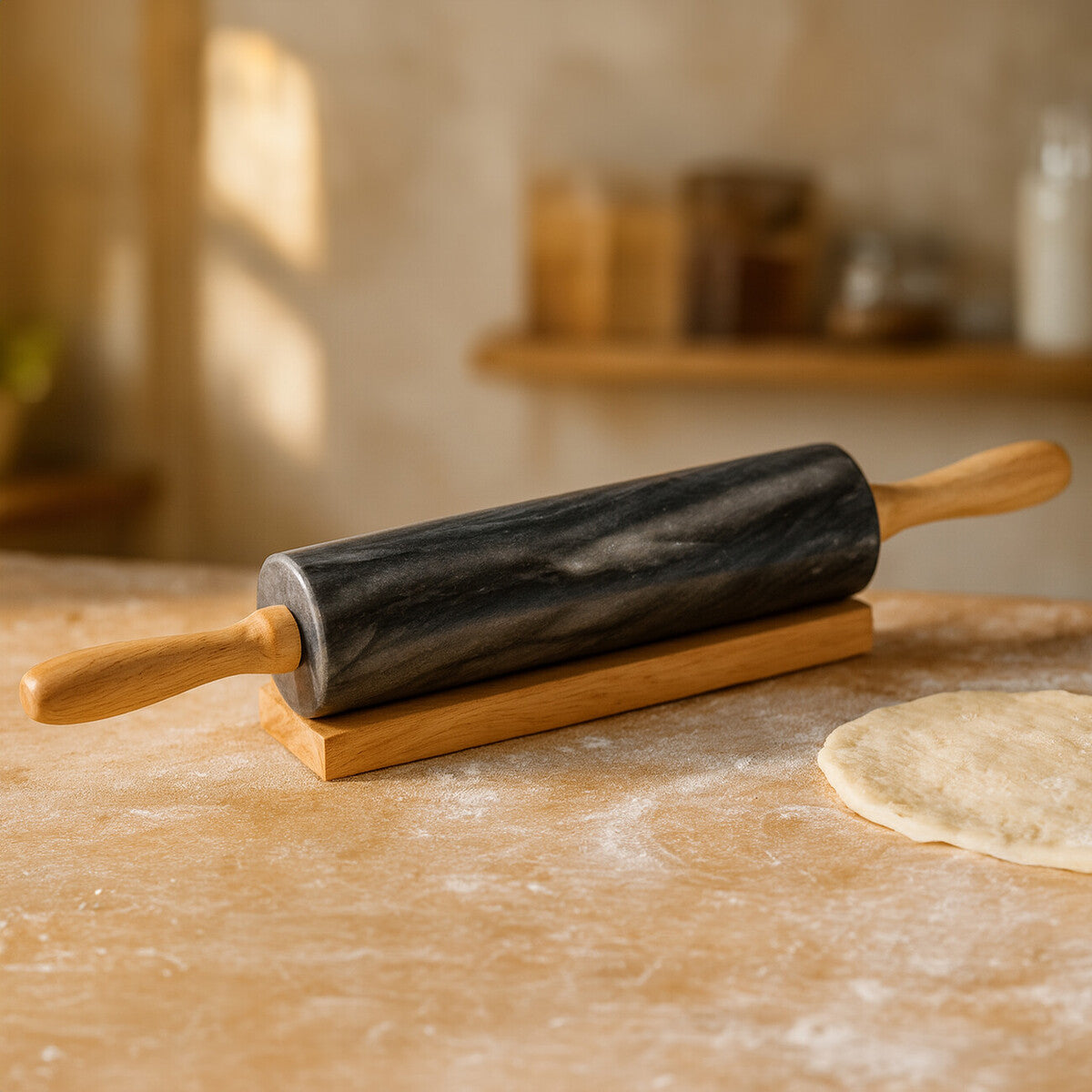 Marble rolling pin on a wooden surface with a kitchen background