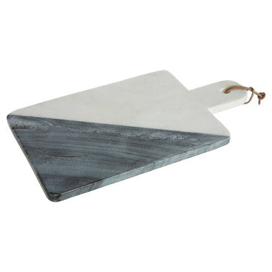 Marble-patterned cutting board with a white handle on a white background