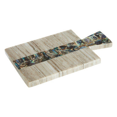 Two stone cutting boards with a decorative border on a white background