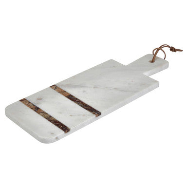 Marble cutting board with a brown strap on a white background