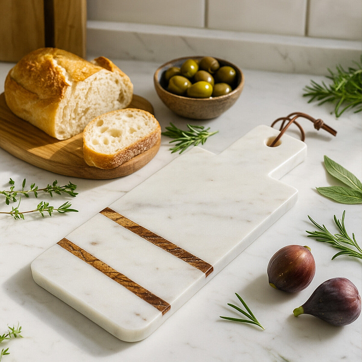 Marble cutting board with wooden accents on a marble surface with bread, olives, and figs.