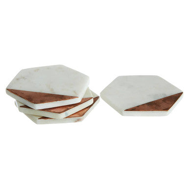 Set of geometric coasters with marble and wood design on a white background