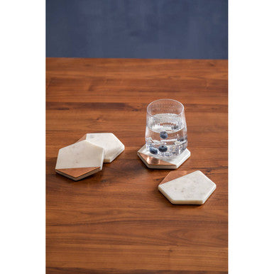 Monzaro Set Of 4 White Marble And Copper Inlay Coasters