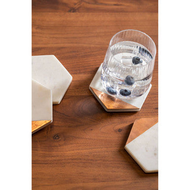 Monzaro Set Of 4 White Marble And Copper Inlay Coasters