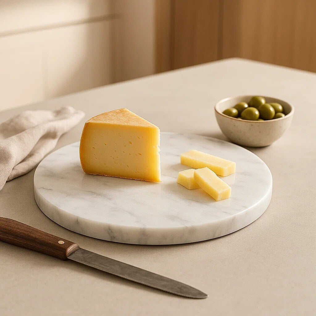 Marble cutting board with a wedge of cheese, sliced cheese pieces, and a bowl of olives on a neutral background.