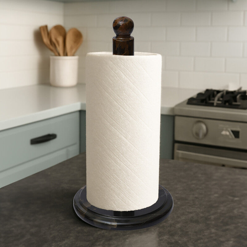 Roll of paper towels on a stand in a kitchen setting