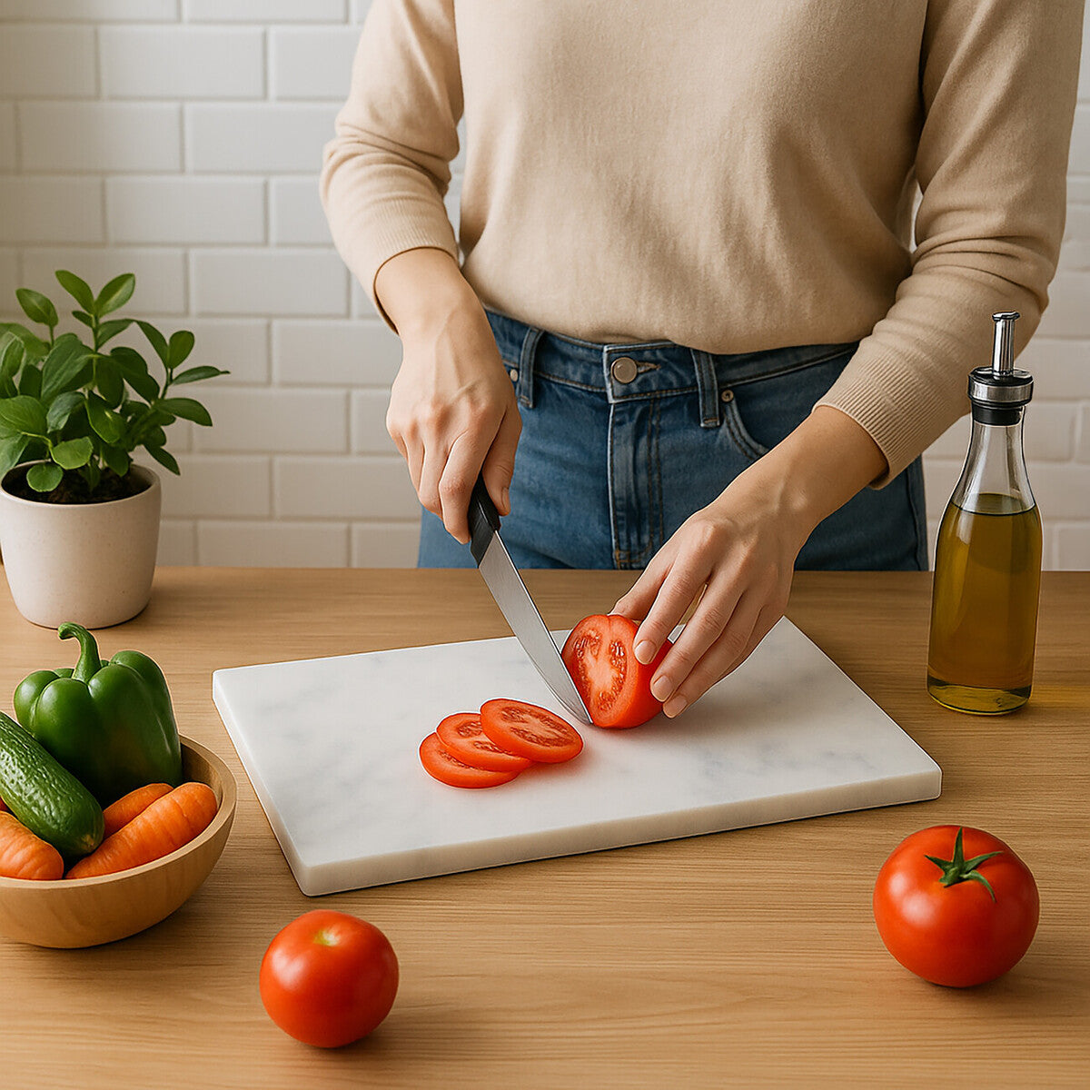 Person slicing tomatoes on a cutting board with vegetables and a bottle of oil on a wooden table.