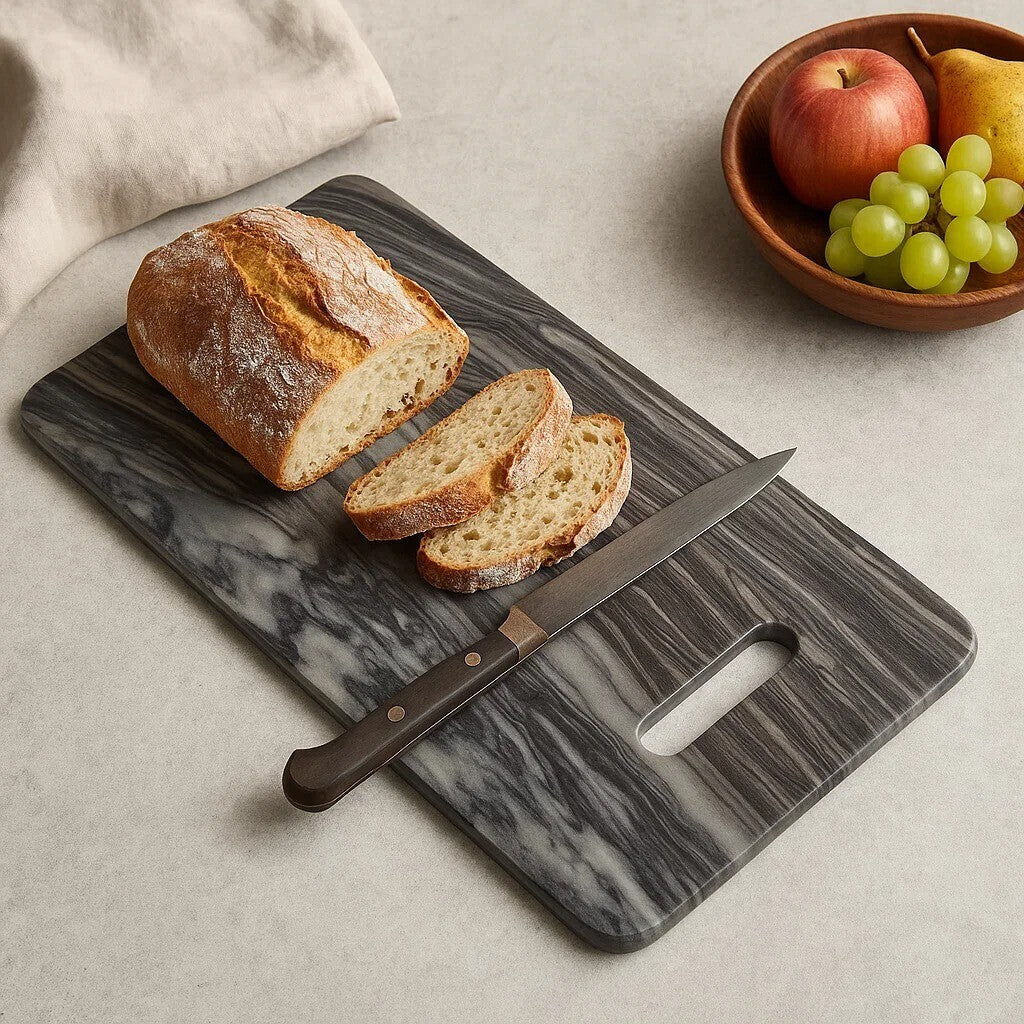 Marble cutting board with bread, knife, and fruit on a neutral background