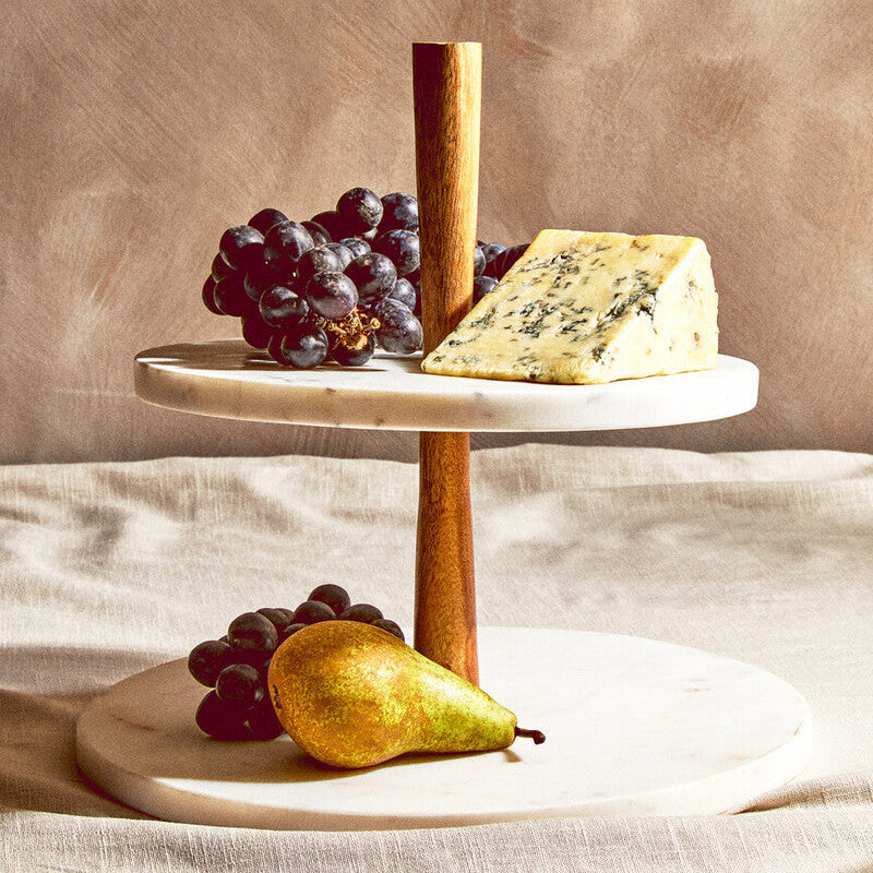 Monzaro Two Tier Marble and Acacia Wood cake stand