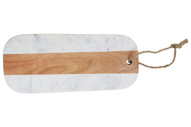 Marble and wood cutting board with a string handle on a white background