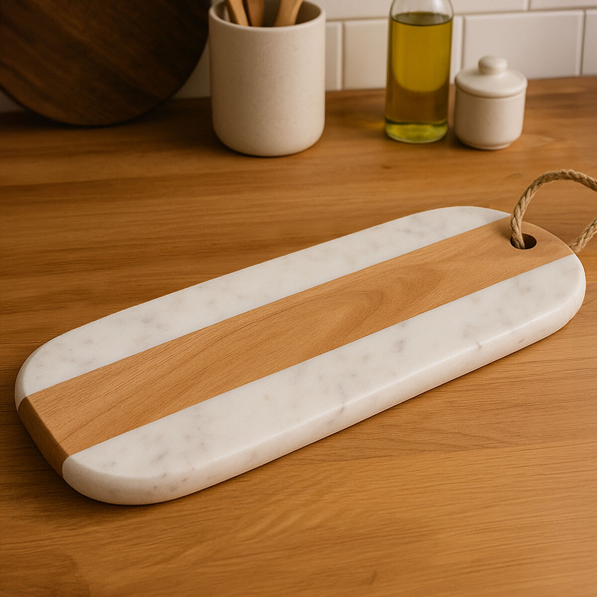 Marble and wood cutting board on a wooden surface with kitchen items in the background.