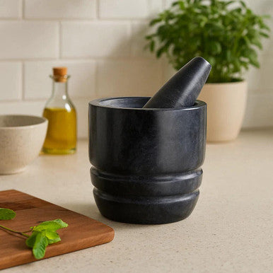 Marmore Black Marble Textured Mortar And Pestle