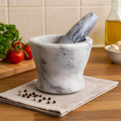 Salerno Grey Marble Curved Mortar And Pestle