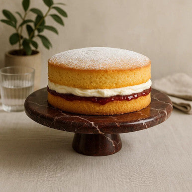 Victoria sponge cake with jam and cream on a wooden stand against a neutral background