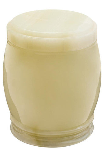 Beige cylindrical container with a lid on a white background