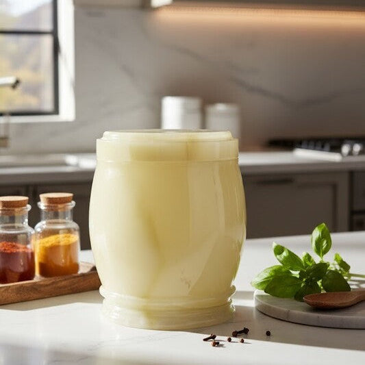 White ceramic container on a kitchen counter with herbs and spices in the background