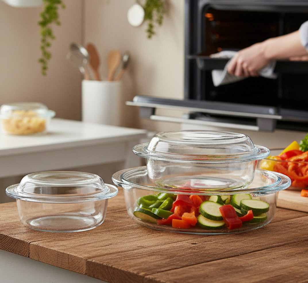 Glass food storage containers on a kitchen counter with an oven in the background