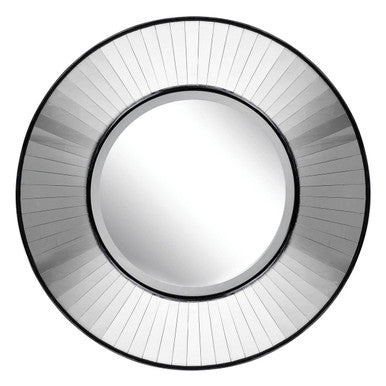 Round mirror with a decorative black frame on a white background