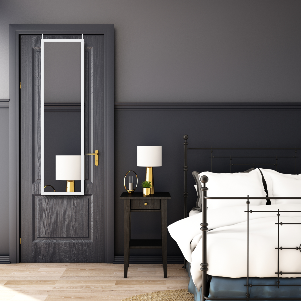 Modern bedroom with a black door, nightstand, and bed.