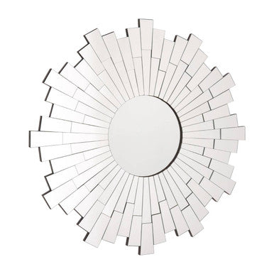 Round mirror with a sunburst design of reflective tiles on a white background