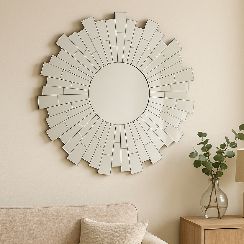 Decorative wall mirror with a sunburst design in a living room setting.