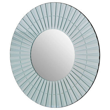 Round mirror with a decorative blue frame on a white background