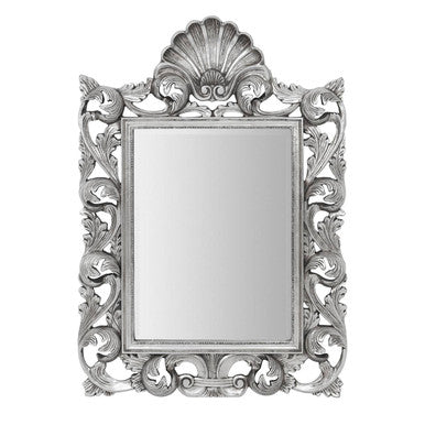 Decorative silver mirror with intricate floral and scroll designs on a white background